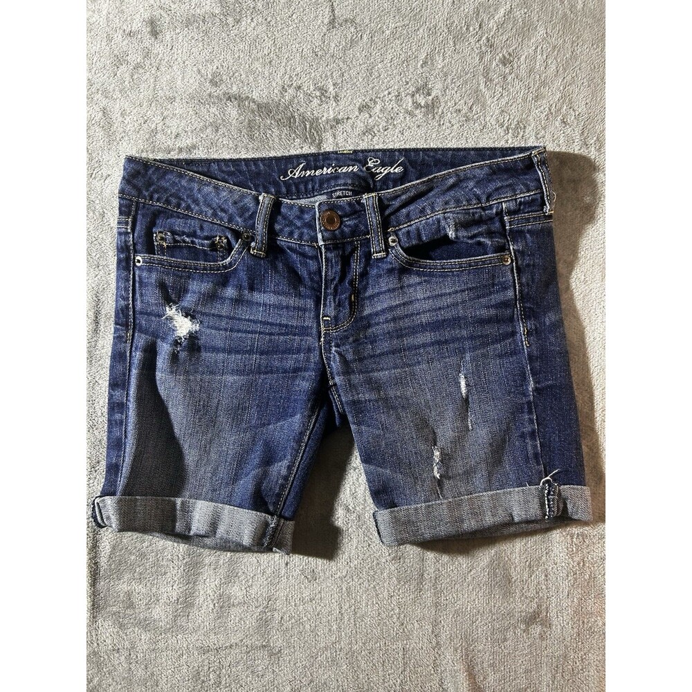 American Eagle Bermuda Shorts Womens Size 2 Stretch Distressed Dark Wash Denim